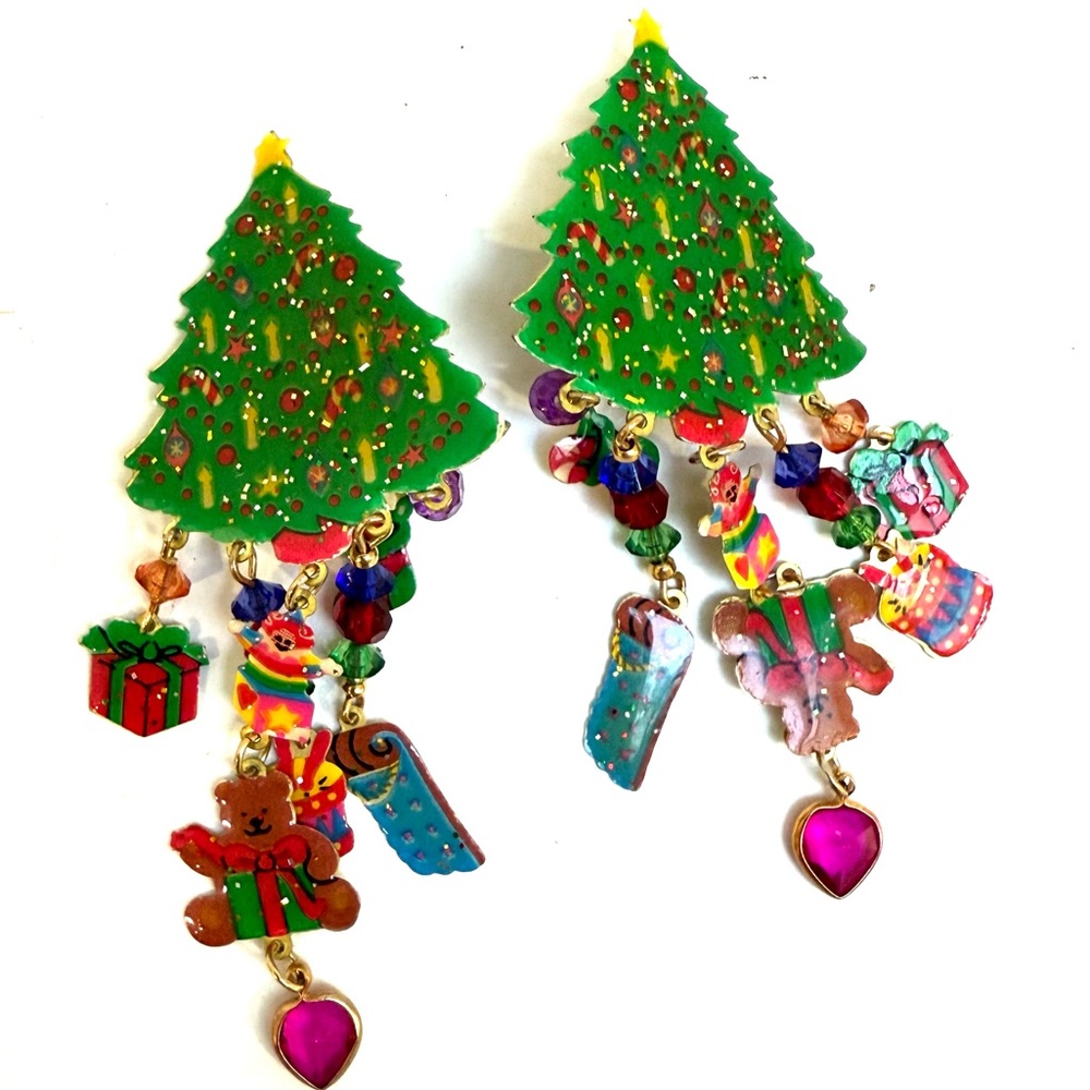 Adorable 'Watta'  Vintage Christmas Tree Earrings with Colorful Dangling Charms!